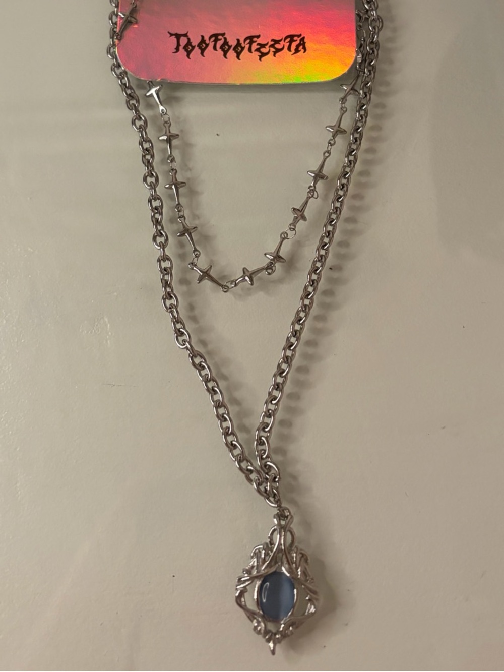 TooFooFeeFa Silver Layered Women's Necklace with Blue Stone Pendant